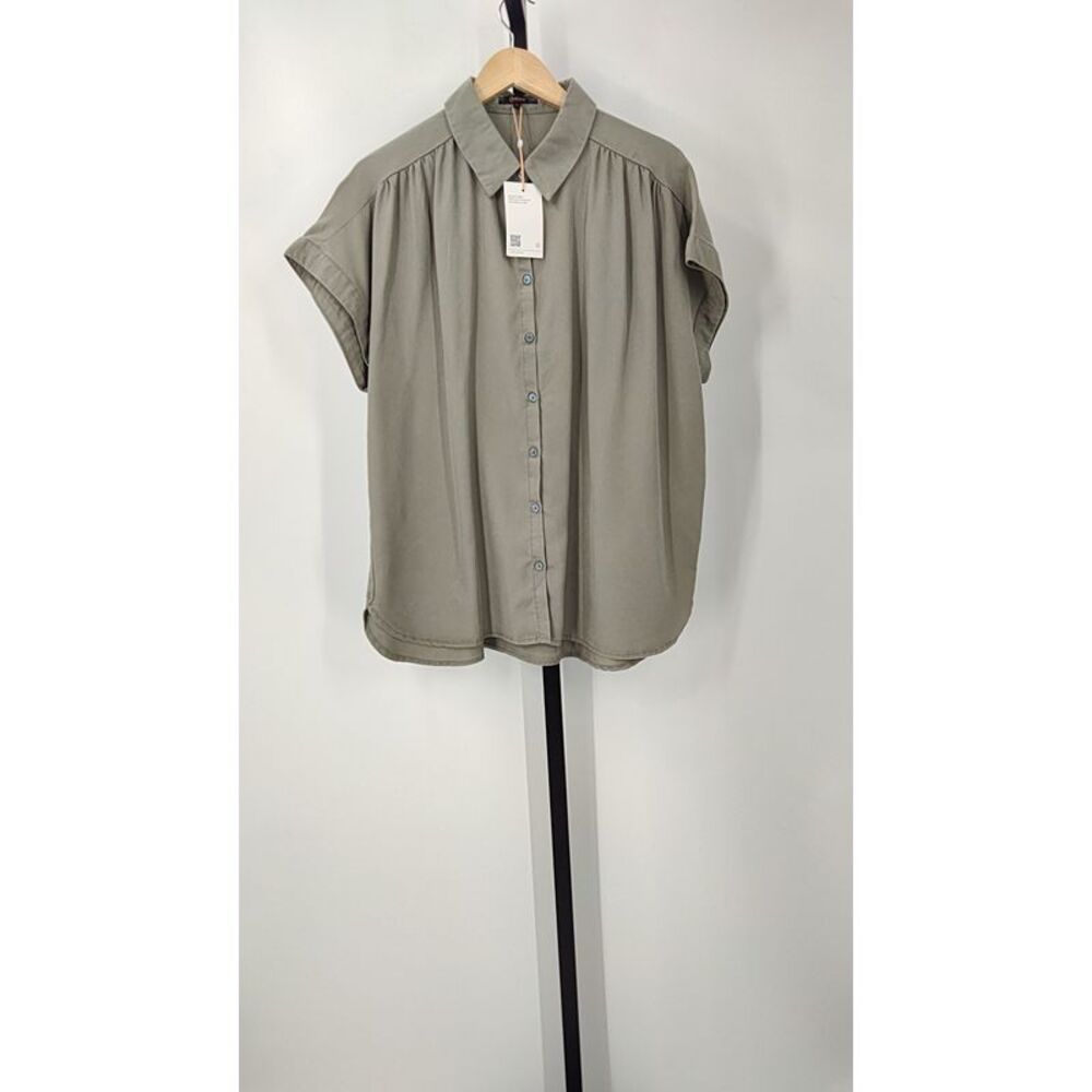 Quince Olive Green Short Sleeve Button Front Blouse
